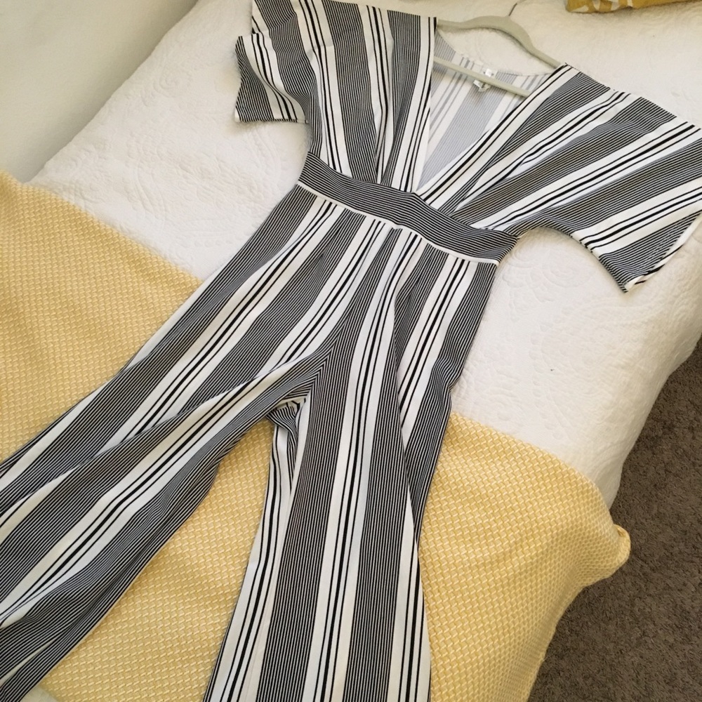 White striped jumpsuit flare leg